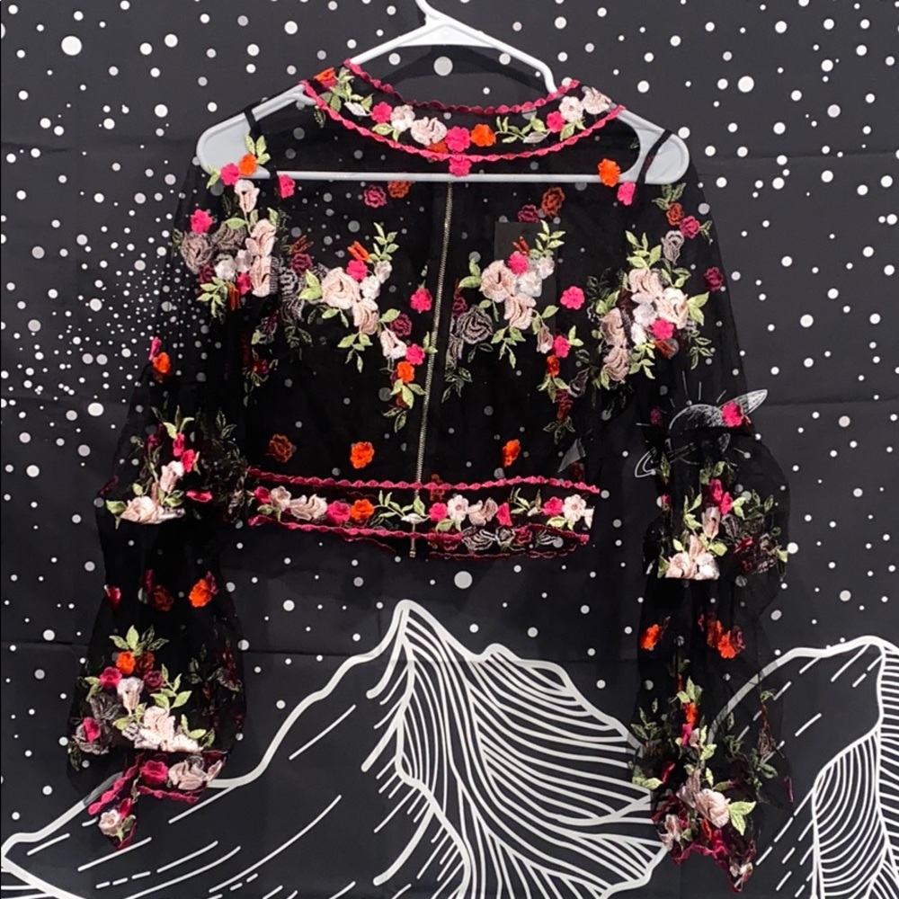EMBROIDERED FLORAL SHEER BLOUSE